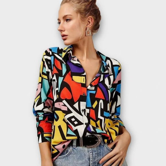 Big Dart Tops - Big Dart Multicolored Abstract Art Deco Button-Up Top Small